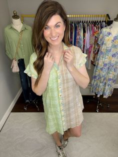 An everyday dress that's perfect with sneakers? We're in! This easy-to-wear button front dress is a no-brainer for summer. The lightweight fabric works on the hottest of days and the combo of spring green, yellow, and taupe is such a fun color palette. You can style this as a dress or, if you're taller, style it like a tunic. This silhouette is a customer fave every year so we're so excited to have it in a fresh new print! This is not lined. We do not feel like you need anything extra besides nu Summer Dresses With Button Closure, Casual Button-up Beach Season Dress, Casual Button-up Dress For Beach Season, Light Green Casual Vacation Dress, Trendy Daytime Summer Dresses, Trendy Summer Dresses For Daytime, Summer Dresses With Button Closure For Day Out, Light Green Beach Dress For Summer, Light Green Summer Beach Dress