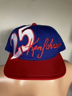 New & unworn Ken Schrader Budweiser Snapback hat from the mid-90's. Big logo red & blue cap with full embroidery, mint shape, OSFA. Retro Snapback Visor Hat For Sports Events, Retro Curved Brim Hat For Sports Events, Retro Snapback Hat With Visor For Baseball Season, Retro Visor Hat With Embroidered Logo, Retro Snapback Sports Hat, Retro Red Visor Baseball Cap, Retro Sports Cap, Retro Blue Baseball Cap For Sports, Retro Red Hats For Baseball Season