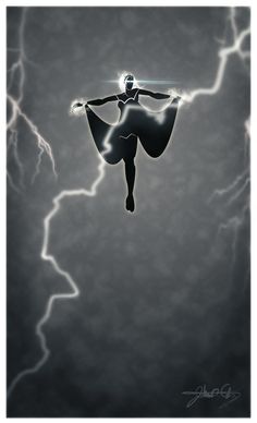 a black and white photo of a woman in the air with lightning behind her,