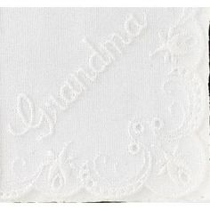 A beautiful and delicate wedding handkerchief, gracefully presented in a gift box, along with a printed verse written especially for this occasion. Express your heartfelt sentiments with this loving and thoughtful gift your loved one will treasure always. Each white hankie is embroidered with a delicate scalloped pattern and the word "Grandma", it arrives folded and boxed along with a sentimental poem entitled "To My Grandmother". The poem card reads: To My Grandmother Dear Grandma, I am all gro Candles Reception, Wedding Goblets, Sand Ceremony Wedding, Wedding Toasting Glasses, Calla Lily Wedding, Wedding Flower Girl Basket, Wedding Cake Server, Delicate Wedding, Daisy Wedding