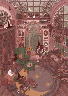 a drawing of a living room filled with furniture and bookshelves full of stuff