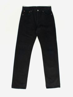 Vintage Levis 501 jeans 32 x 35 black dark wash UK made 90s. These classic 501s feature a straight leg, mid-rise, button fly, rear patch and Levis red tab on the back pocket. Originally made for men but loved and worn by everybody!  The original label states 34 x 36 but they've shrunk a little and now measure 32 X 35 Condition: very good overall; nice unique fading which resembles a very dark blue in some light; some minor wear to the hems as seen in final photos (not colour accurate). Measureme Black Denim Pants With Button Closure, Black Jeans With Button Closure For Streetwear, Black Rigid Denim Bottoms With Straight Hem, Classic Black Rigid Denim Jeans, Classic Black Jeans With Straight Hem, Classic Black Jeans With Five Pockets, Black Straight Jeans With Five Pockets, Straight Black Jeans With Five Pockets, Black Jeans With Straight Hem For Streetwear