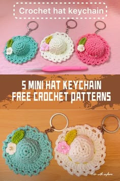 three crochet keychains with the words 5 mini hat keychain free crochet patterns