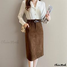 Olivia Mark - Vintage Corduroy Split Hem Midi Skirt - High Waist Pencil Skirt Elegant Midi Skirt, Bodycon Maxi Skirt, Fitted Midi Skirt, Utility Skirt, Vintage Corduroy, Knit Midi Skirt, High Waisted Pencil Skirt, Black Pencil Skirt, Pencil Skirts