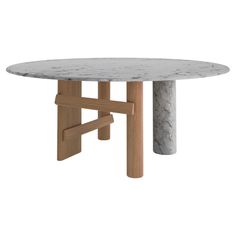 a white marble table with wooden legs and a round top, on a white background