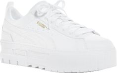 White Athleisure Platform Sneakers With Cushioned Footbed, White Platform Sneakers With Cushioned Footbed For Athleisure, White Low-top Platform Sneakers, White Low-top Platform Sneakers Athleisure, White Low-top Athleisure Platform Sneakers, White Lace-up Puma Sneakers, White Synthetic Puma Sneakers, White Puma Sneakers With Synthetic Material, White Spring Athletic Platform Sneakers