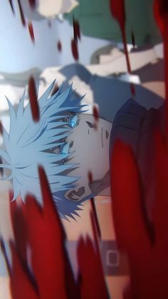 an anime character with white hair and blue eyes is surrounded by red hand prints as he stares into the distance