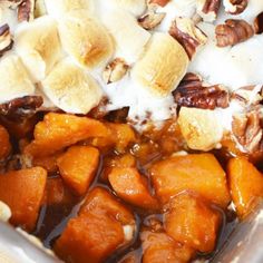 sweet potato casserole with marshmallows and pecans