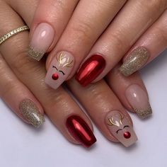 Gel Polish Christmas Nails, Reigndeer Nails, Hard Gel Nails Christmas Design, Christmas Nail Ideas Reindeer, Christmas Thanksgiving Nails, Hard Gel Christmas Nails, Christmas Nail Art Reindeer, Christmas Gel Nail Art Designs, Nail Art Designs Thanksgiving