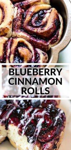 blueberry cinnamon rolls with icing in a pan and on a plate next to each other