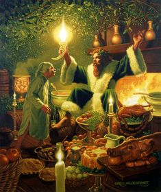 a painting of two men sitting in front of a table full of food and candles