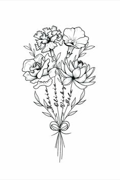 some flowers that are in the middle of a line art style drawing on white paper