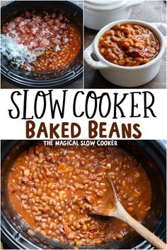 slow cooker baked beans with bacon in the middle and on top, next to another image