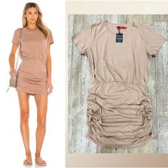 a woman wearing a tan dress next to an image of a women's t - shirt