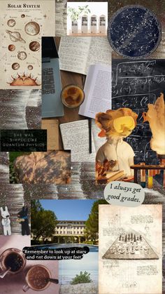 a collage with many different pictures and words on it, including books, coffee cups,