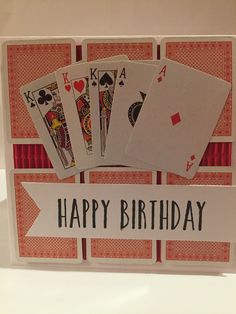 four playing cards with the words happy birthday on them