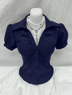 Blue Casual Collar Short Sleeve Woven Fabric Plain Shirt Embellished Non-Stretch  Women Clothing V Neck Blouses, Dark Blue Blouse, Office Shirt, Blue Button Up Shirt, Outfit Plan, Navy Blue Top, Aesthetic Outfit Ideas, The Office Shirts, Plain Shirt