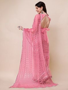 Pink & silver-toned sareeEmbroidered saree with embroidered borderThe saree comes with an unstitched blouse pieceThe blouse worn by the model might be for modelling purpose only. Check the image of the blouse piece to understand how the actual blouse piece looks like. Net Sarees, Western Kurtis, Saree Sale, Traditional Indian Outfits, Bandhani Saree, Net Saree, New Launch, Pink Saree, Bollywood Saree