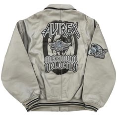 "Avirex Leather Varsity Jacket 90's Avirex original piece. Maximum Velocity design. Size 3XL. Pit to pit 29\". Length 32\". Can fit sizes XXL / XXXL.  Leather well preserved. Light wear. No major flaws." Graphic Print Leather Jacket For Streetwear, Heavyweight Urban Outerwear For Streetwear, Biker Leather Jacket With Graphic Print For Streetwear, Biker Outerwear With Graphic Print For Streetwear, Vintage Outerwear With Graphic Print For Streetwear, 90s Style Leather Jacket For Winter Streetwear, Avirex Leather Jacket, Leather Varsity Jackets, Knitted Jumper