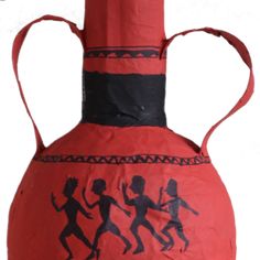 a large red vase with black designs on it's body and sides, depicting people running