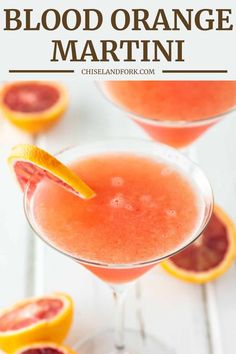 blood orange martini in a coupe glass garnished with grapefruit and an orange slice