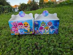 two little mermaid themed boxes sitting in the grass