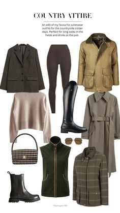 Shop the edit via the link. An edit of my favourite outerwear pieces for days in the countryside. Perfect for long walks on the fields or an afternoon at the pub. Via @laurengracelife English Heritage Style, Hunt Outfit For Women, Country Lady Style, Classy English Outfits, Classic Country Style Fashion, English Country Wardrobe, Countryside Style Outfits, Countryside Clothes