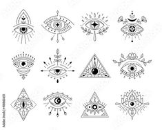 the all seeing eye symbols in black and white, set of twelve hand drawn illustrations