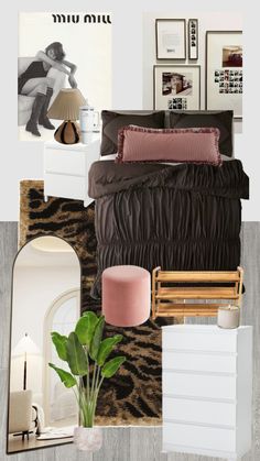 a collage of photos with various furniture and decor items, including bed linens