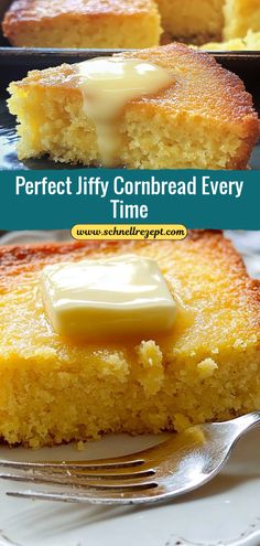 two pictures showing different types of cornbreads with butter on top and in the middle