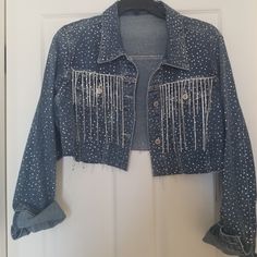 Nwt Denim Jacket Button Down Closure Casual Long Sleeve Outerwear With Rhinestones, Denim Outerwear With Rhinestones And Long Sleeves, Long Sleeve Denim Outerwear With Rhinestones, Denim Rhinestone Long Sleeve Outerwear, Embellished Long Sleeve Denim Outerwear, Embellished Long Sleeve Cotton Denim Jacket, Fitted Long Sleeve Outerwear With Rhinestone Fringe, Casual Long Sleeve Denim Jacket With Rhinestone Fringe, Casual Denim Jacket With Rhinestone Fringe