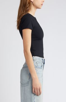 The soft, stretchy fabric of this top contours to your silhouette, allowing for easy layering so you can effortlessly transition from the office to the evening. 18" length (size Medium) Partially lined Jewel neck Short sleeves 75% nylon, 25% spandex Machine wash, tumble dry Imported Jewel Neck, Tumble Dryer, Short Sleeve Top, Stretchy Fabric, The Office, Short Sleeves Tops, Layering, Sleeve Top, Short Sleeves