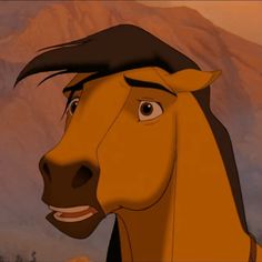 a cartoon horse is shown with mountains in the background