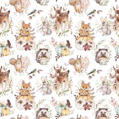 a watercolor pattern with animals and flowers