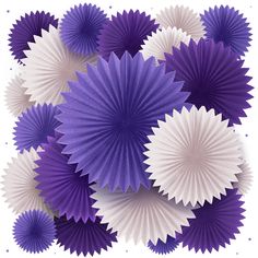 many purple and white paper fans are arranged together