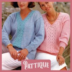 two women sitting next to each other wearing sweaters and shorts with the words patique written below them