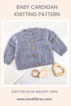 a baby cardigan knitting pattern with the text, knitted in dk weight yarn