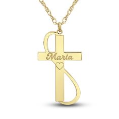 Personalize the perfect gift for a loved one or yourself with this meaningful 28mm high-polish cross pendant necklace. Fashioned in yellow gold-plated sterling silver, the adjustable 18-inch rope chain secures in place with a spring ring clasp. The message can be 1 line of text with a maximum of 8 characters per line. Anniversary Jewelry With Name And Cross Shape, Cross-shaped Name Jewelry For Anniversary, Name-engraved Cross Jewelry For Anniversary, Personalized Cross Pendant Jewelry For Mother's Day, Personalized 14k Gold Cross Pendant Necklace, Anniversary Necklace With Polished Cross Pendant, Anniversary Cross Necklace With Name, Name Engraved Cross Necklaces For Anniversary, Personalized 14k Gold Cross Necklace