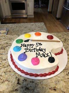 a birthday cake that is sitting on a counter