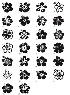 hawaiian flower stencils are shown in black and white, with numbers on each side