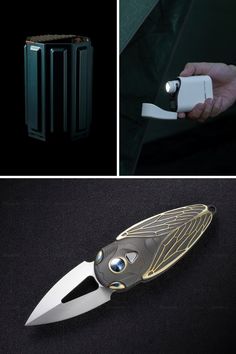 a knife that is sitting in the middle of some sort of object with its light on it