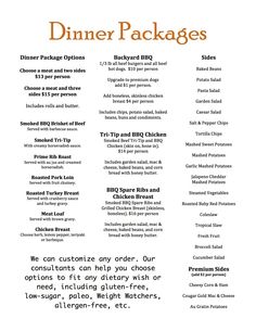 the menu for dinner packages is shown