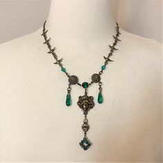 "Vintage Art Nouveau Czech Birds Chain & Green Glass Necklace Gorgeous vintage Art Nouveau Czech glass necklace. It is made up of rhinestone and green glass set in an ornate antique brass setting, Measuring roughly 19\" long, pendant 3.5\" long, The stones all appear to be in fantastic very good condition, Pictures are part of the description so please look at all the pictures and if you have any question please feel to ask! Make sure you check out my other vintage items!" Antique Green Jeweled Necklace, Antique Green Jeweled Necklaces, Vintage Beaded Antique Gold Necklace, Green Metal Jewelry With Vintage Charm, Antique Gold Beaded Vintage Necklace, Victorian Style Metal Necklace With Antique Finish, Victorian Antique Finish Metal Necklace, Victorian Style Antique Finish Metal Necklace, Antique Green Jeweled Jewelry