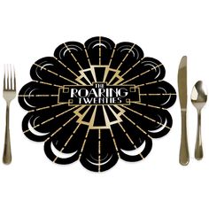 the roaring twenties logo on a black and gold plate with silver forks, knives and spoons