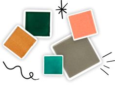 four different shades of green, orange, and grey paint arranged in the shape of squares