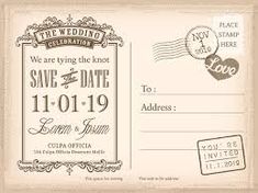 vintage save the date postcard with stamps