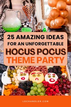 an assortment of halloween themed items in a box with the words 25 amazing ideas for an unforgettable hocus pocus theme party