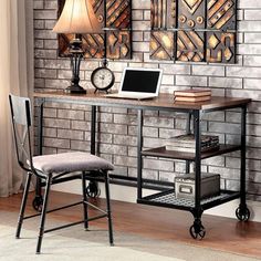 a laptop computer sitting on top of a wooden desk next to a lamp and chair