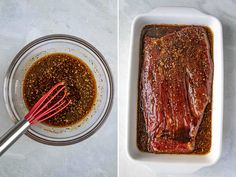 two images showing how to make an entree with meat and seasoning in glass bowls