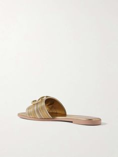 Elegant Gold Flat Slides, Elegant Flat Calf Leather Slides, Elegant Gold Leather Slides, Luxury Gold Open Toe Slides, Chic Gold Leather Slides, Gold Flat Slides, Luxury Gold Calf Leather Sandals, Luxury Gold Metallic Leather Sandals, Leather Slides